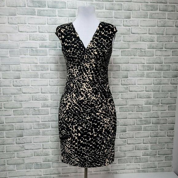 Lauren Ralph Lauren 8 Leopard Dress Sleeveless‎ VNeck Ruched Bodycon Cocktail - Picture 1 of 7